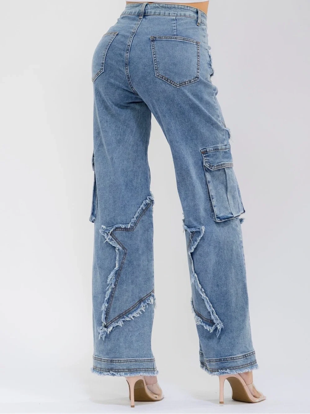 Frayed Patchwork Wide-Leg Jeans - Blue - Picture 4 of 5